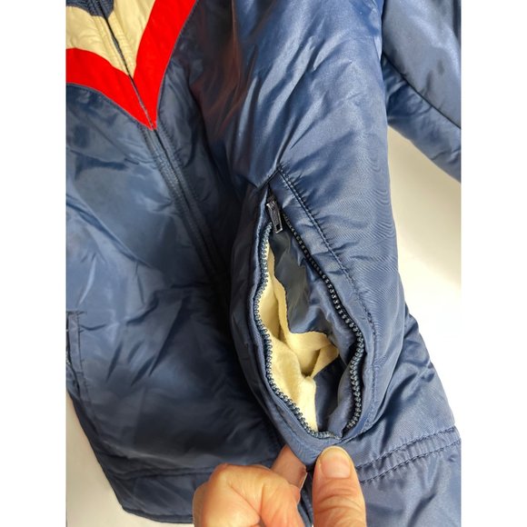 Vintage Ski Jacket Womens S/M SKYR 70s Retro Puffer Navy Blue Red White Stripe - Picture 4 of 12